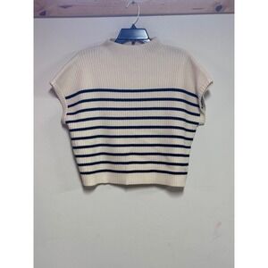 Blu Pepper Women Cream Navy Blue Striped Ribbed Mock Neck Short Sleeve Sweater L